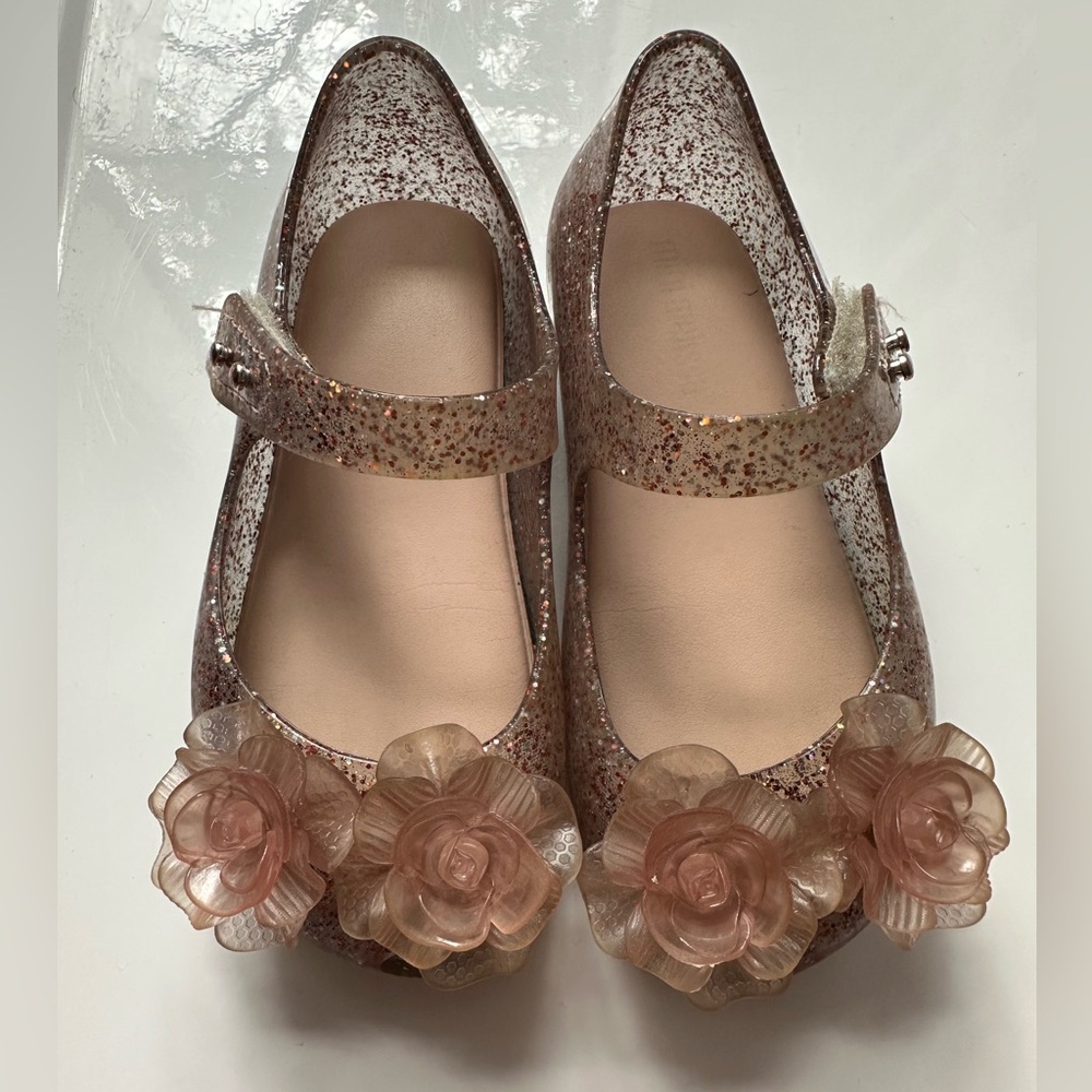 Mini Melissa Pink Glitter Mary Jane Shoes with Rose Appliqués